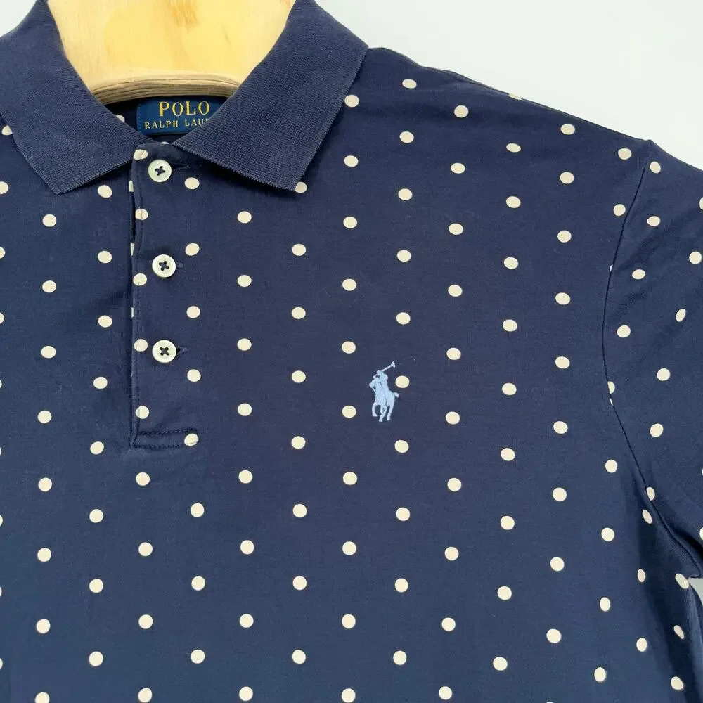 Polo Ralph Lauren Polo Shirt Mens Medium Blue Classic Fit Polka Dots Golf‎ Pony